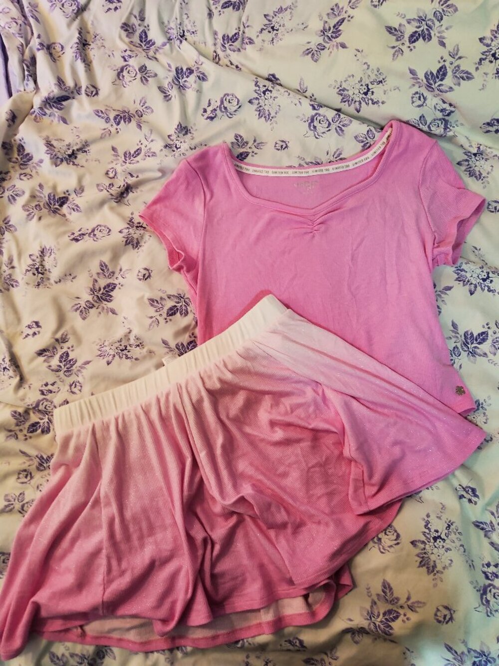 Limited Too Girls L 12-14 Matching set Skort Skirt and Shirt Tee Pink Sparkle
